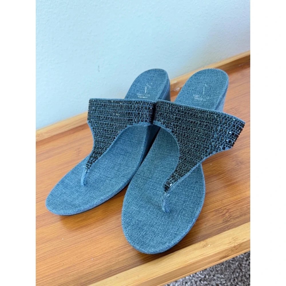Simply Vera Vera Wang Blue Denim Rhinestone Wedge Sandals Slides Womens 8.5 M